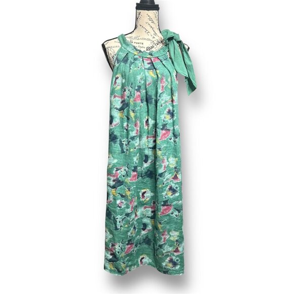 Bellambra L Linen Green Floral Midi Dress Made in Italy Bow Tie Neck Boho Chic - Picture 1 of 7